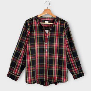 J Crew Stewart Plaid Popover Top LARGE Jeweled Buttons Cotton NEW